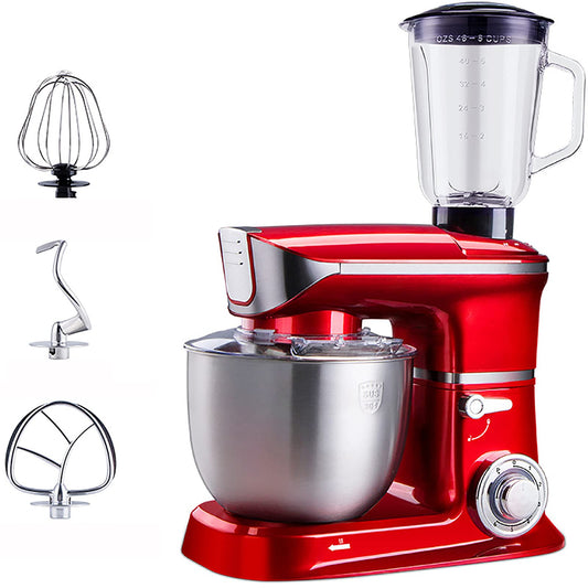 2-in-1 Electric Kitchen Mixer & Food Processor Blender,Stand Mixer Machine wiht Dough Hook,Whisk,Beater,Splash Guard,5 Litre Stainless Steel Mixing Bowl - 1.5L Glass Jug,Red